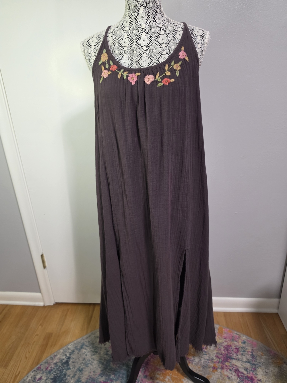 Natural Life Cosette Charcoal 100% Cotton Embroidered Gauze Maxi Dress L XL